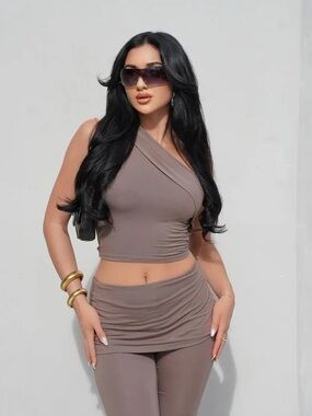 Fashion Nova Taupe One-Shoulder Crop Top and Capri set